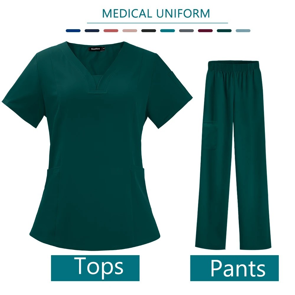 Women’s Medical Scrub Set V Neck Nursing Uniform Top Pants Workwear