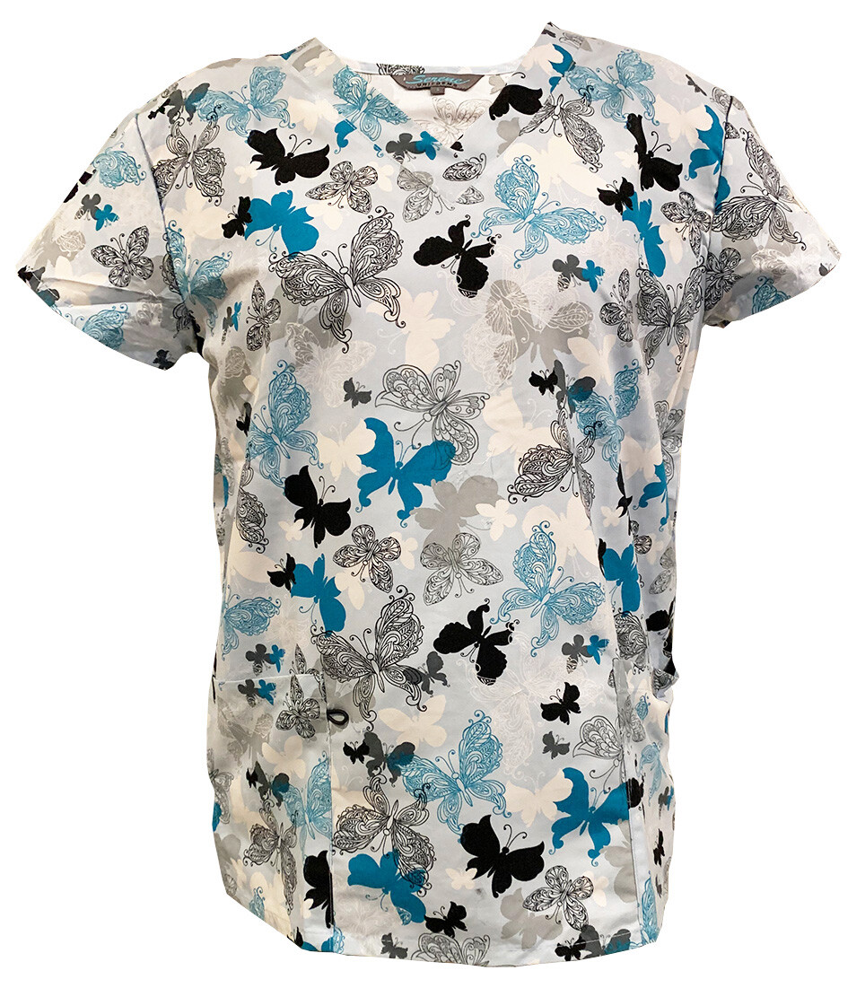 Womens microfiber ultra medical scrub Blue base blue white gray butterflies S