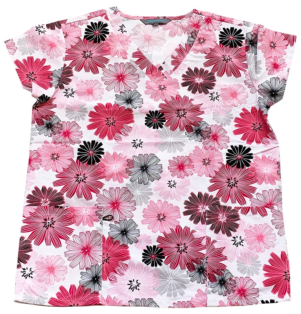 Womens microfiber ultra medical scrub Red gray black sketch flowers M