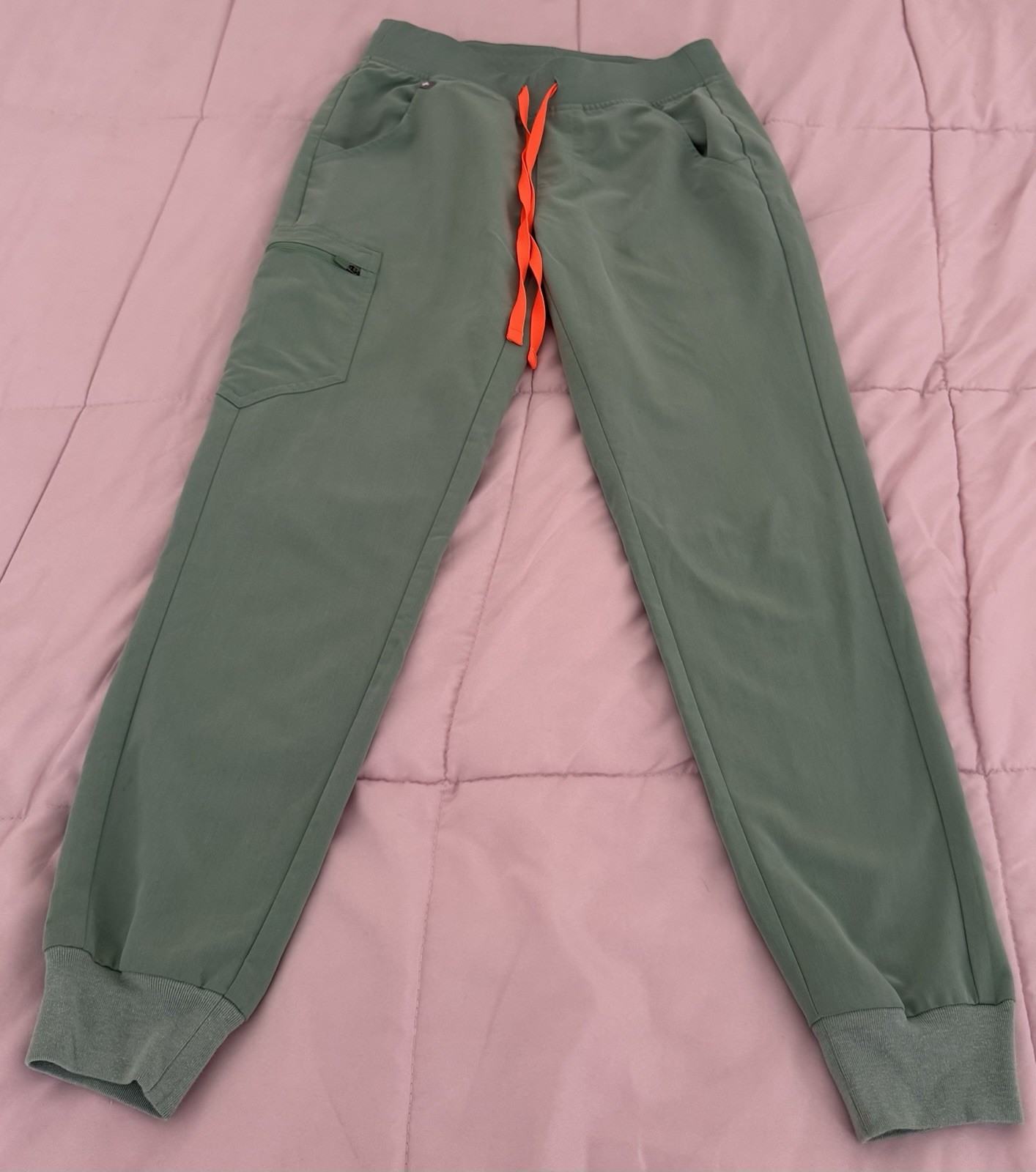 FIGS Zamora Jogger Scrub Pants Womens XS Sage Green Orange Drawstring Pockets