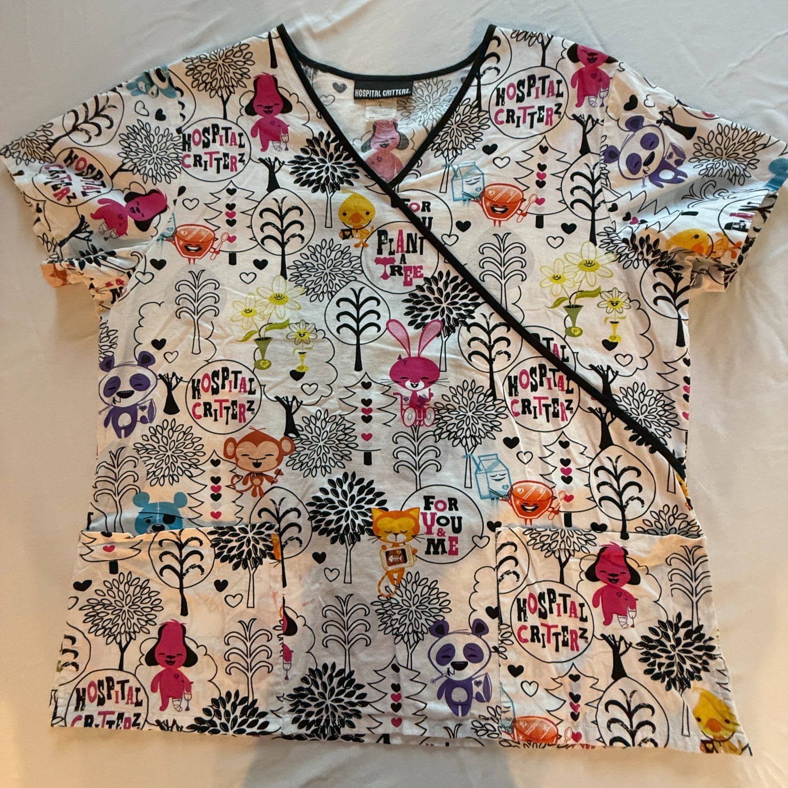 Hospital Critterz Uniform Scrub Top White w/Black Trim Colorful Large (A3-31)