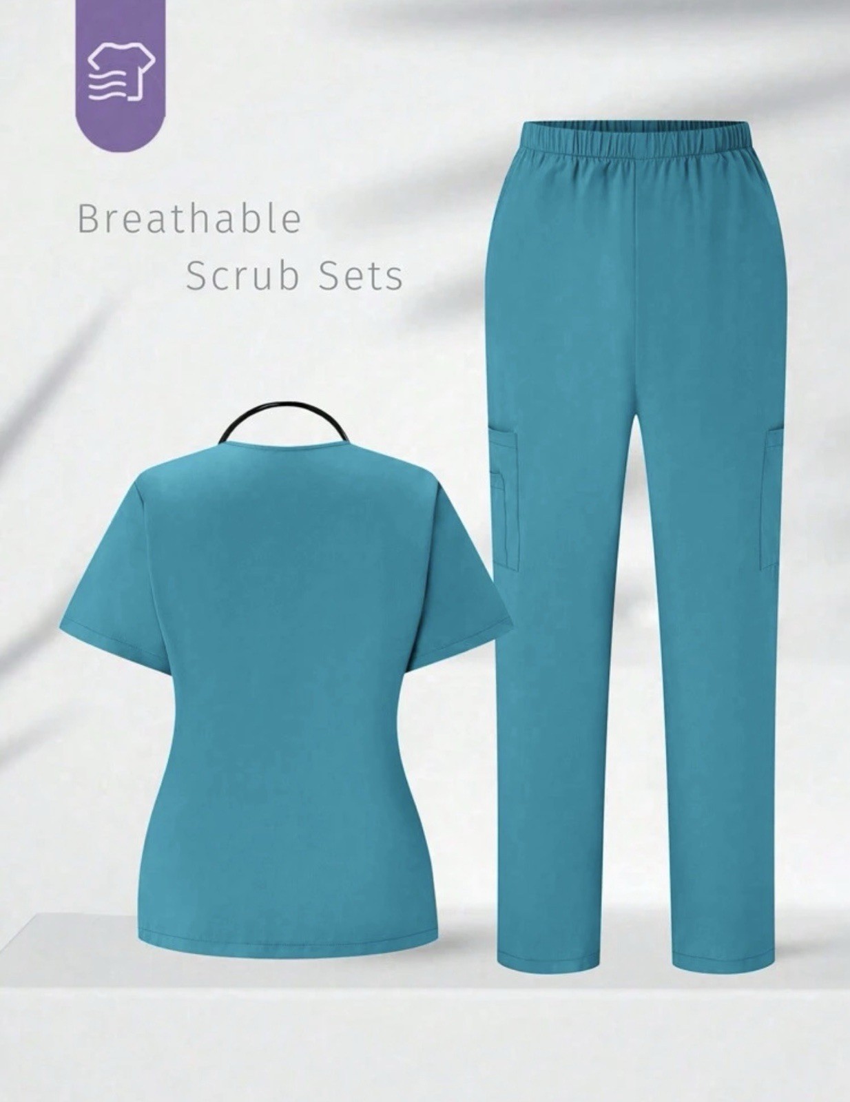 Breathable Blue Women’s Medical Solid Scrub Set Top & Pants Size S