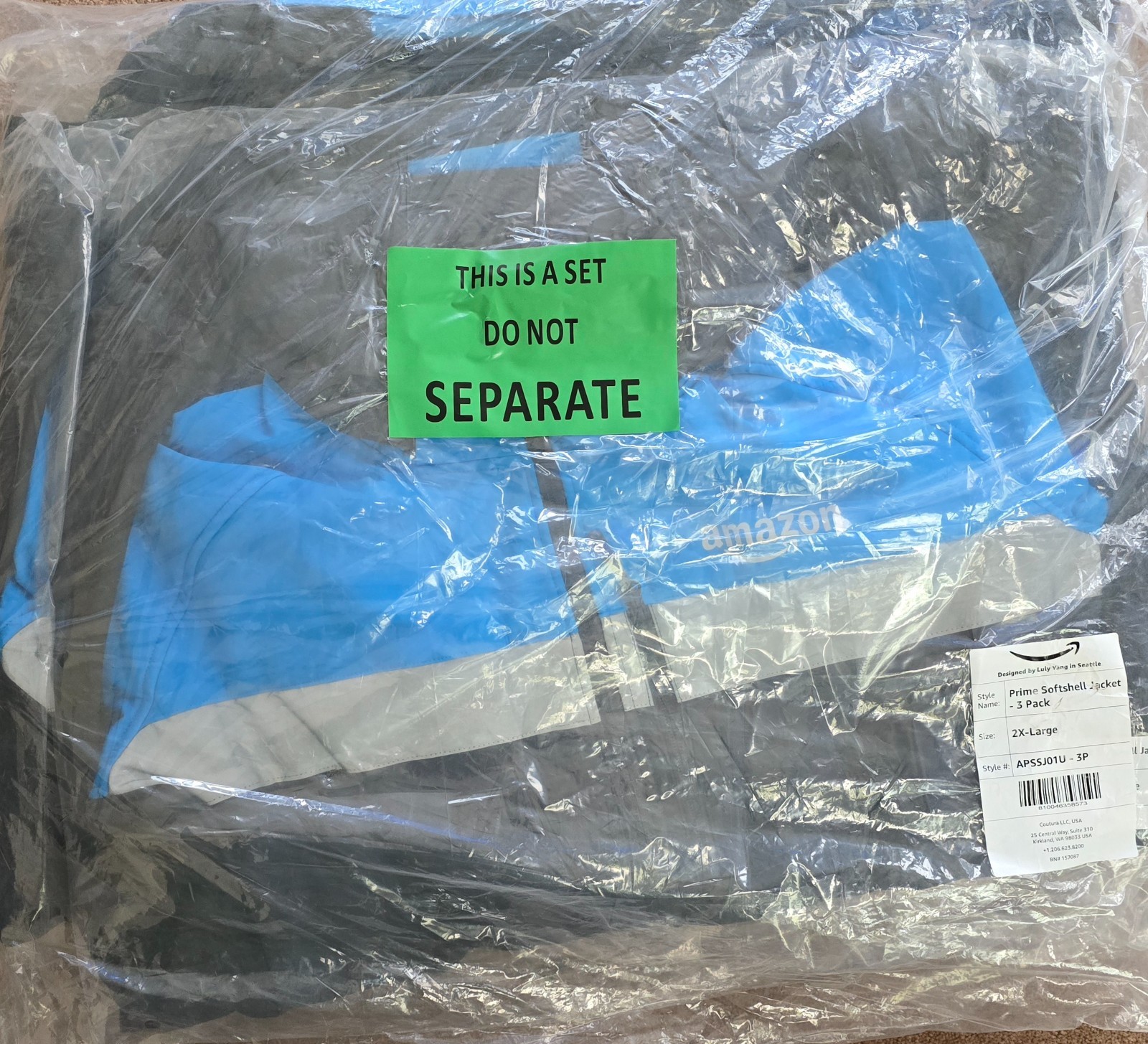 New Amazon Prime Softshell Jacket – Sizes: 2XLarge, Black and Blue (1 each)
