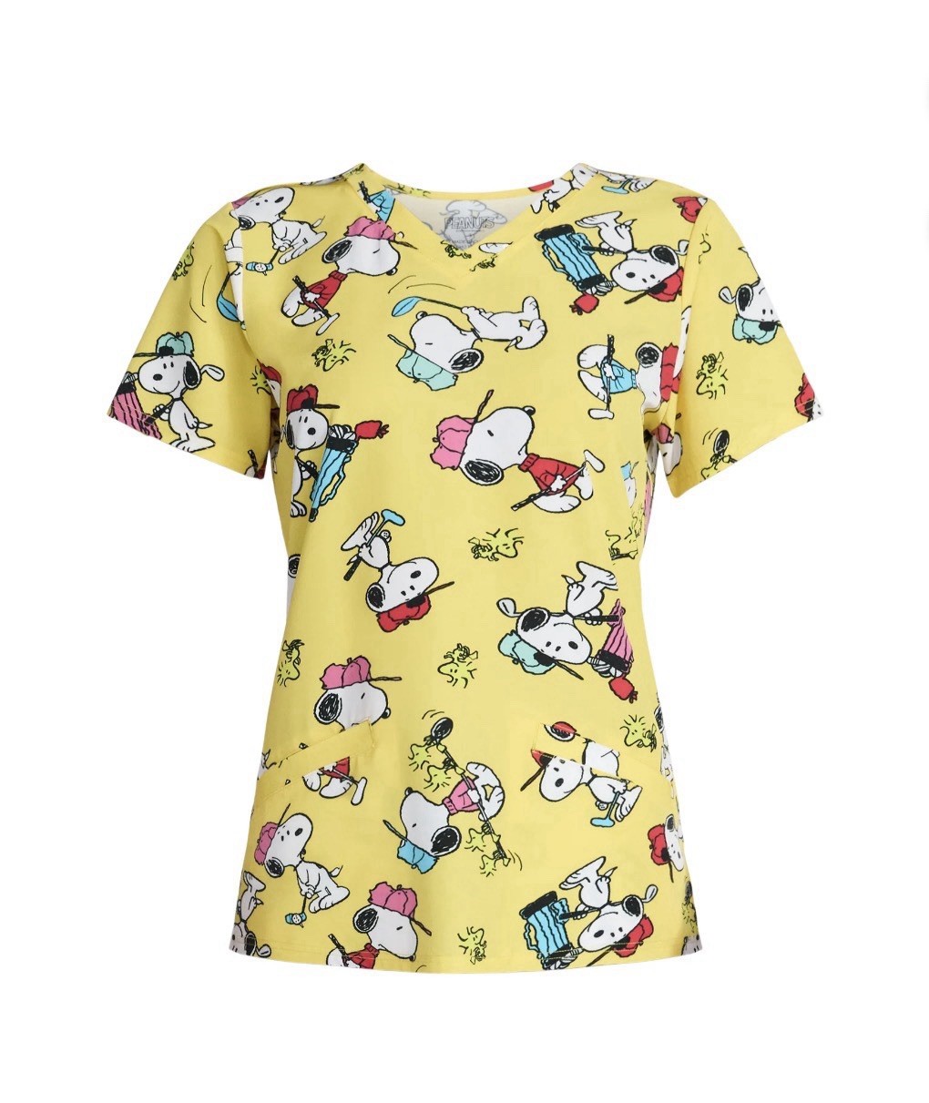 Peanuts SNOOPY Women’s Size L Graphic Scrub Top V-Neck Front Pockets • Yellow