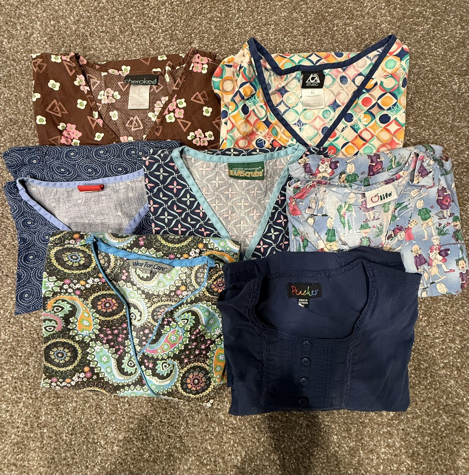 Scrub Tops Lot Of 7 Uniform Advantage Cherokee Peaches Life Women Size Large Med