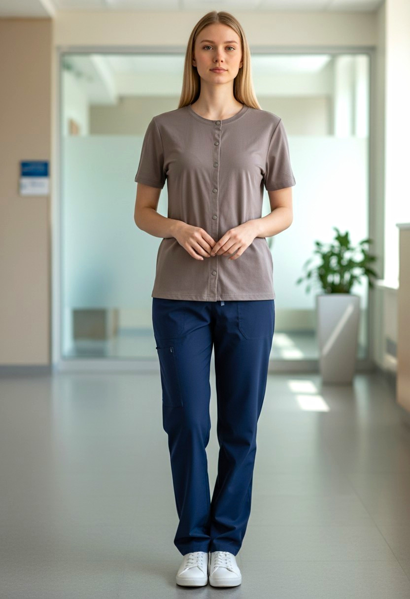 Beyond Women’s Medical Scrub Top Button-Front Short Sleeve Gray Solid