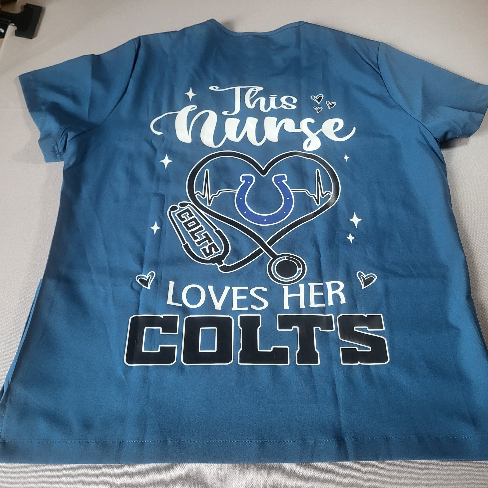 NizaHinn Blue Medical Scrub Top M V-Neck Short Sleeve This Nurse Loves Her Colts