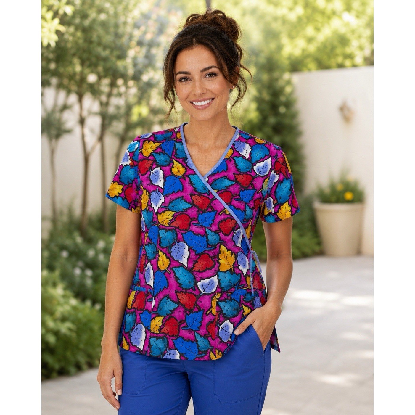 Fashion Women’s Mock Wrap Scrub Top Size Large Multicolor Leaf Design Fall Print
