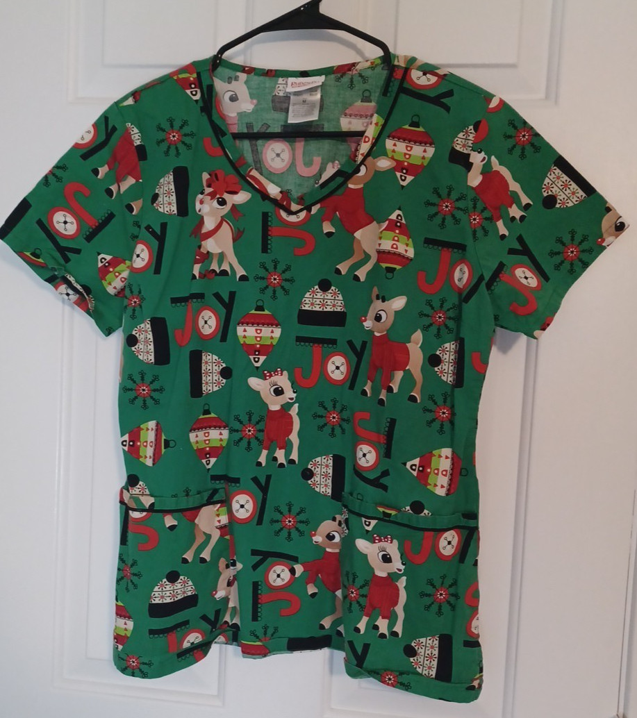Rudolph The Red Nosed Reindeer Red Scrub Top Size Medium Clarice