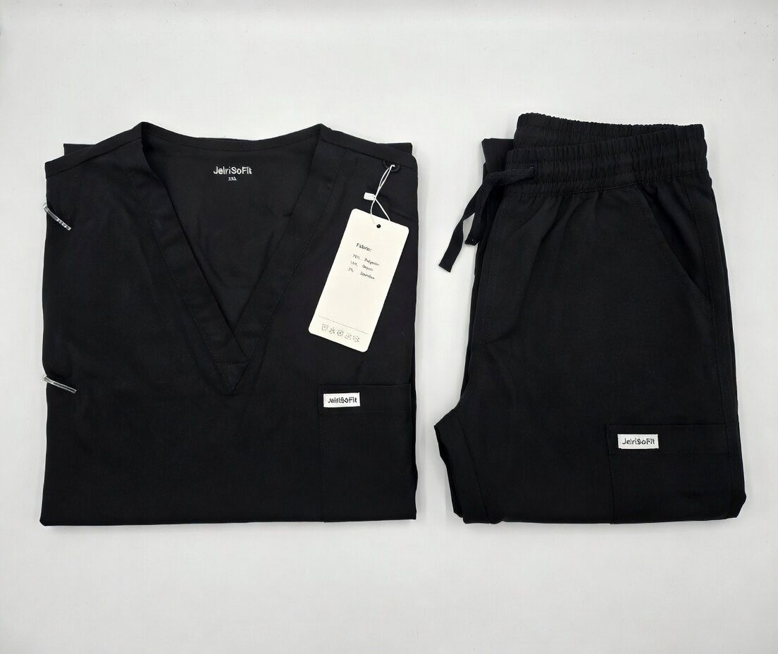 Women XXL 2XL Black Jogger Medical Scrub Set 4-Way Stretch NEW