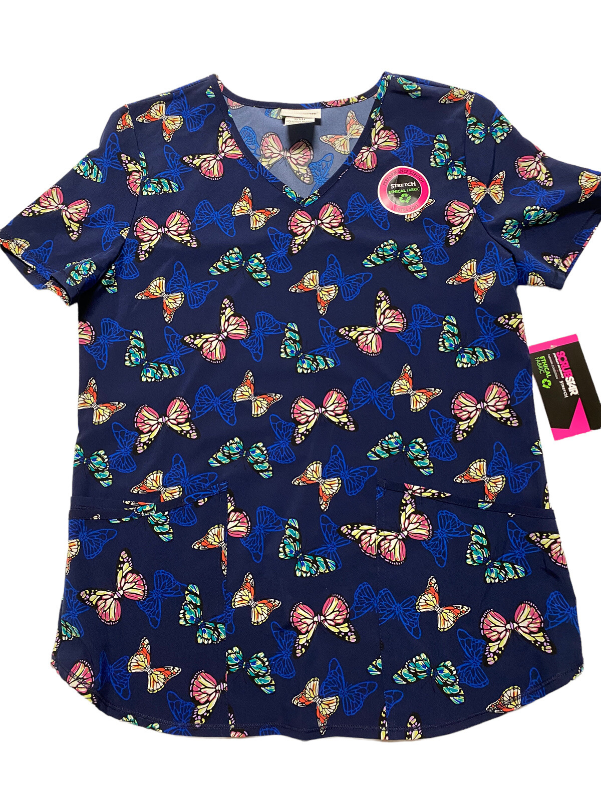 Scrubstar Women’s Size Medium Butterfly Print Scrub Top Navy NWT