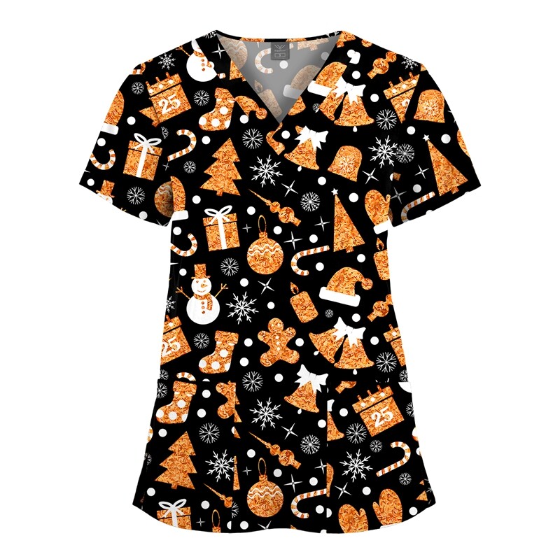 NiaaHinn Festival-Print Women Men Scrub Top Medical Nurse V-Neck Halloween Xmas