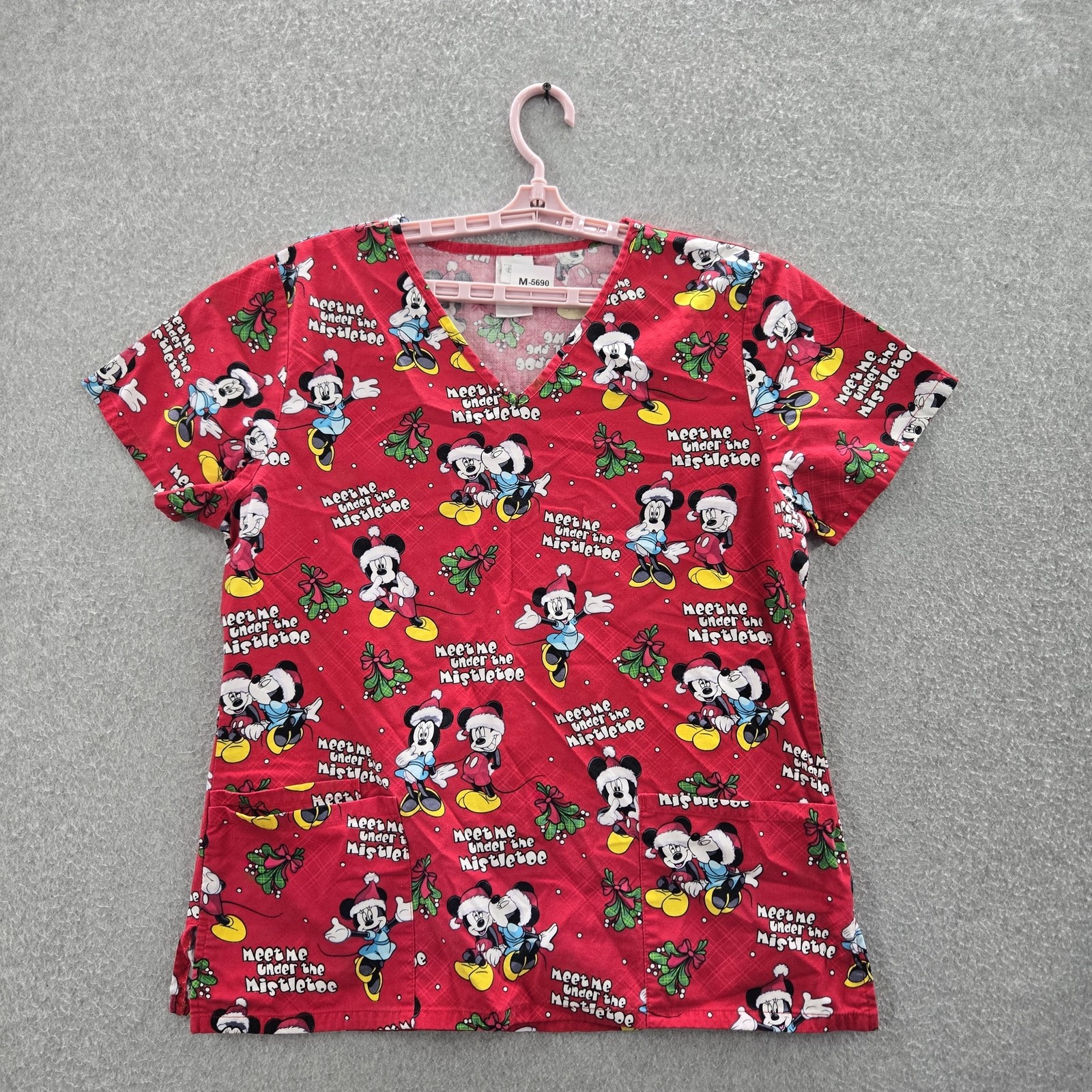 Disney Women Scrub Top M Red Graphic Print Mickey Mouse Minnie Holiday