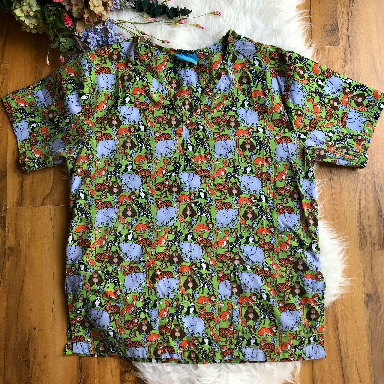 The Scrub Company Safari Animal Print Poly Cotton Blend Top Womens L Nursing