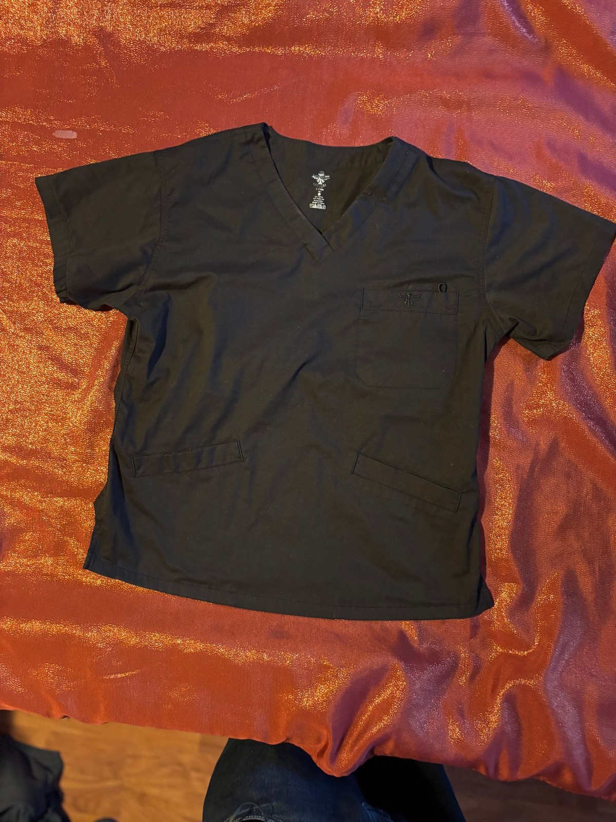 Red Couture Scrub Top Womens S Black V-Neck Short Sleeve Medical Pocket Stretch