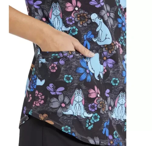 DISNEY Eeyore Women’s V Neck Stretch Pockets Scrub Top Color Black Free Ship!