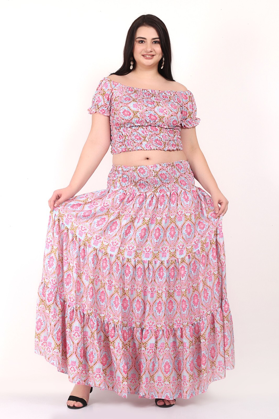 Women Two Piece Co ord Set Off shoulder Top & Flary Printed Skirt Dress Mix Lot