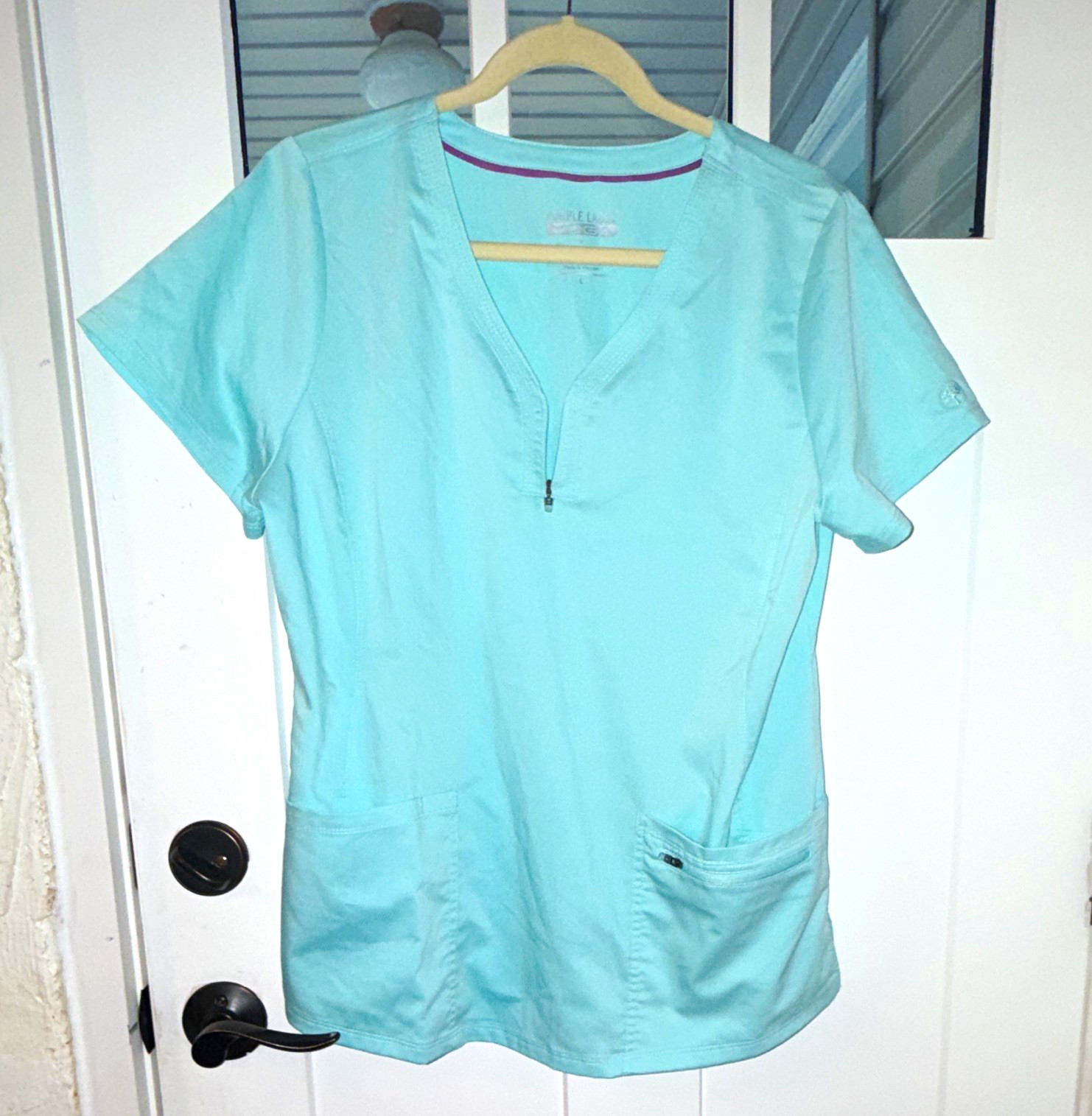 Purple Label Women’s XL Blue Solid Medical Scrub Top Zip V-Neck Short Sleeve