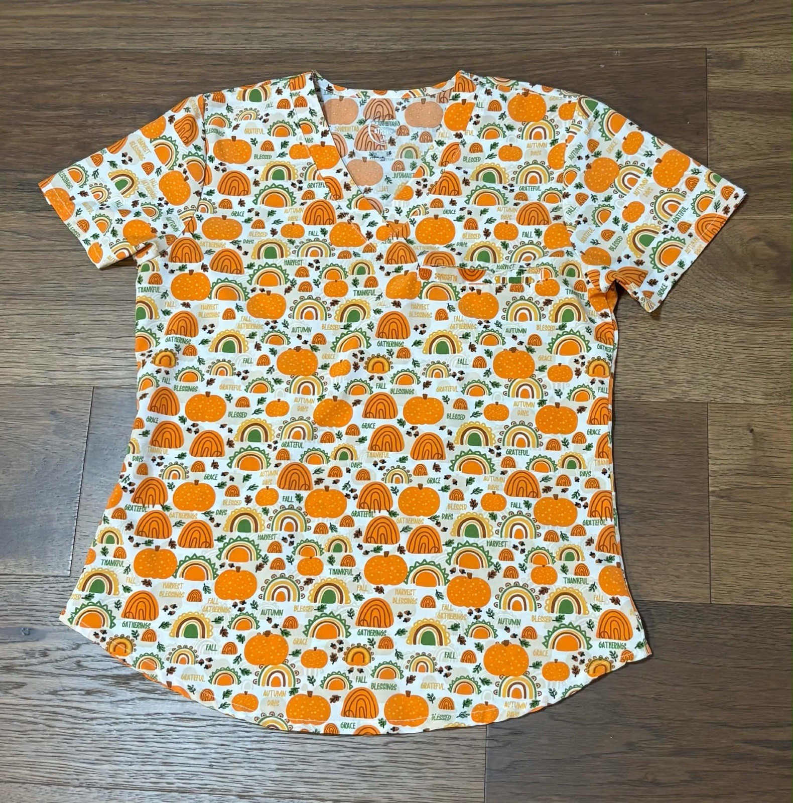 Fall Autumn Thanksgiving Scrub Top Pumpkins Women’s Size Small