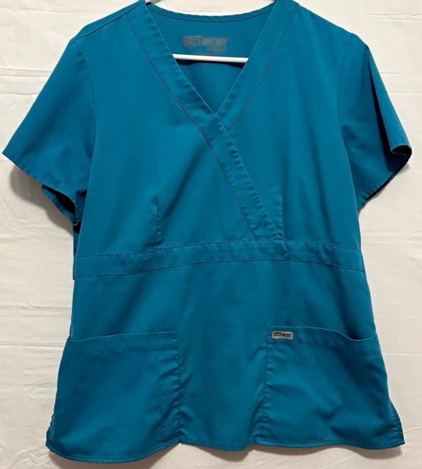 Grey’s Anatomy Women’s L Blue Solid V-Neck Scrub Top Polyester/Rayon