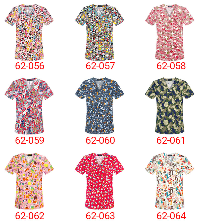 100% Cotton Unisex Cartoon Print Scrub Tops – Breathable V-Neck Short Sleeve