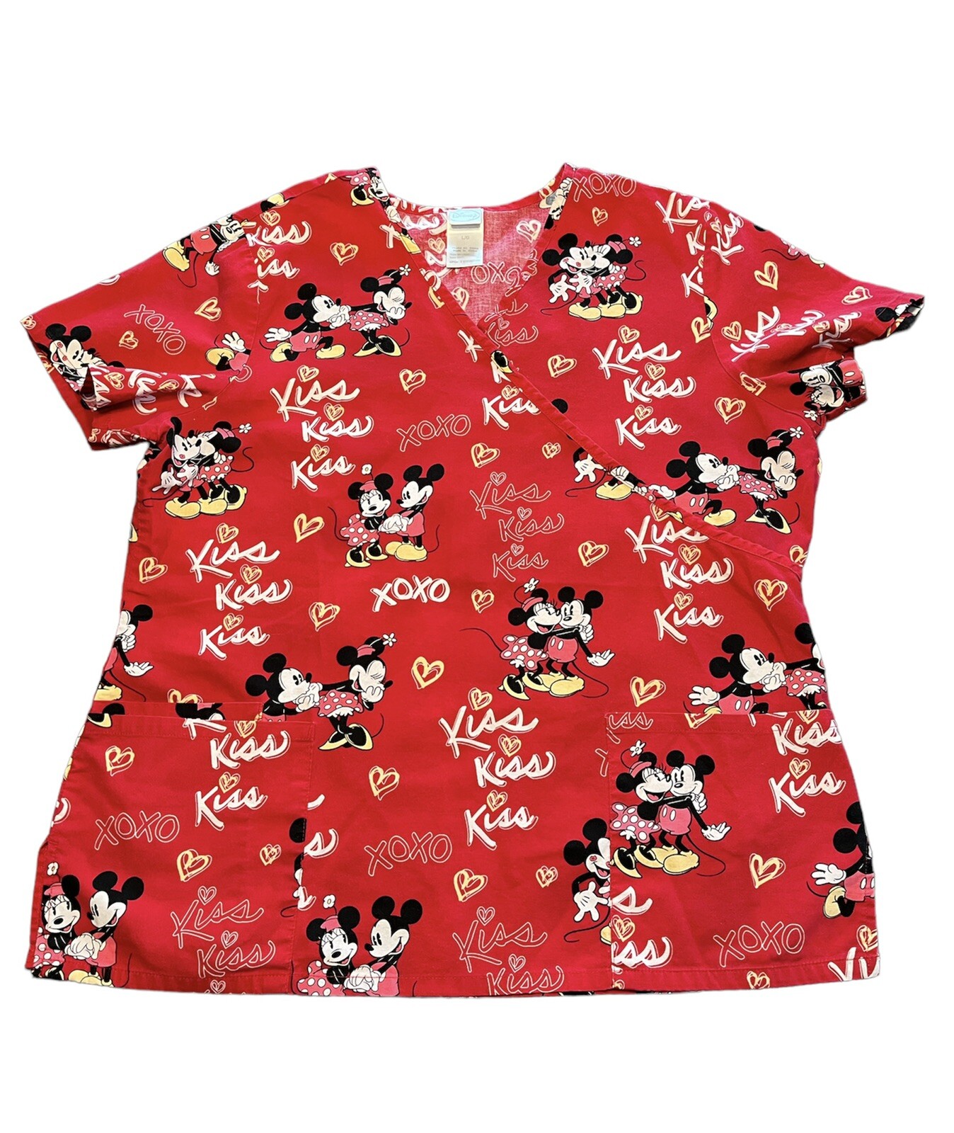 Disney Mickey & Minnie Mouse Scrub Top Womens Sz Large Red Kisses Valentines Day