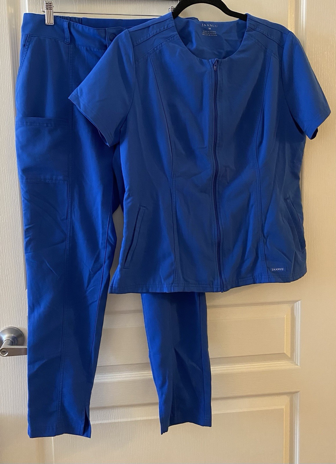JAANUU Women’s Scrub Set (Cargo Pant & Full Zip Moto Top) in Blue – M