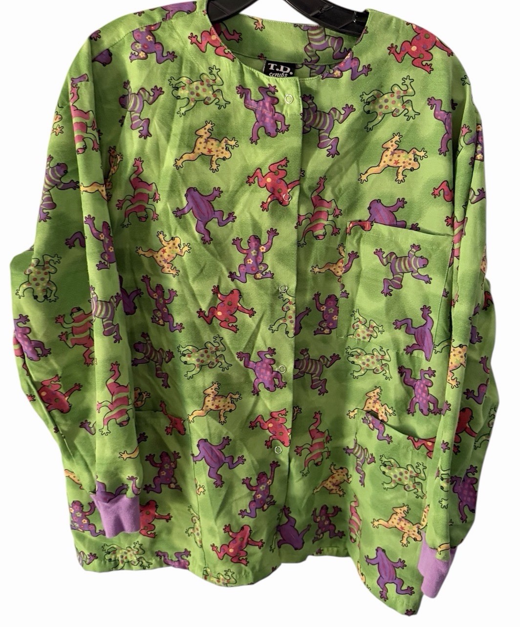 Vintage TD Scrubs Long Sleeve Snap Button Up Shirt Size Medium Color Frog Print