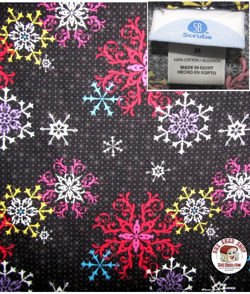 Snowflake Scrub Top Size Medium M Cotton Black Multicolor Drawstring Tie Back