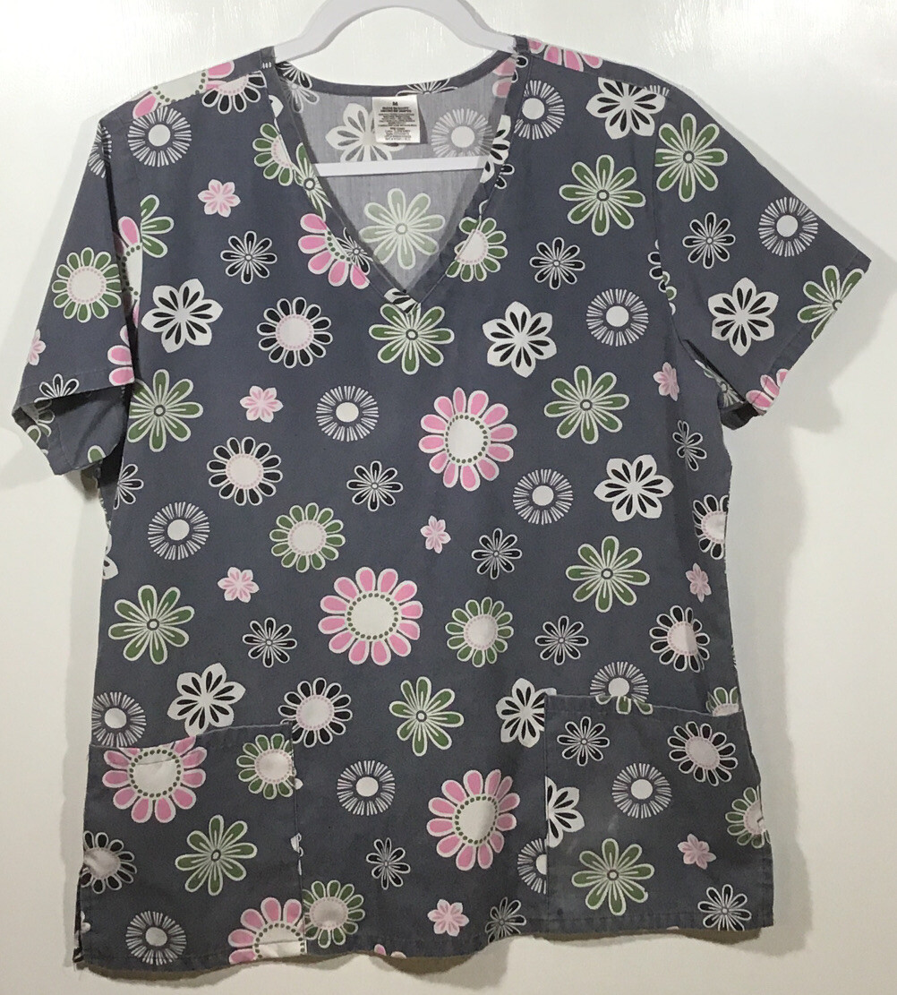 Scrub Top womens size M Medium mod Flowers gray pink green *please read*