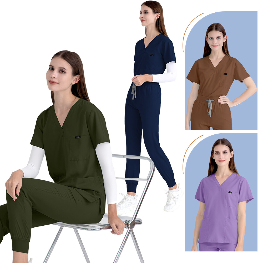 VIAOLI Stretch Breathable Nurse Uniform Medical Scrub Set V-Neck Top Jogger Pant