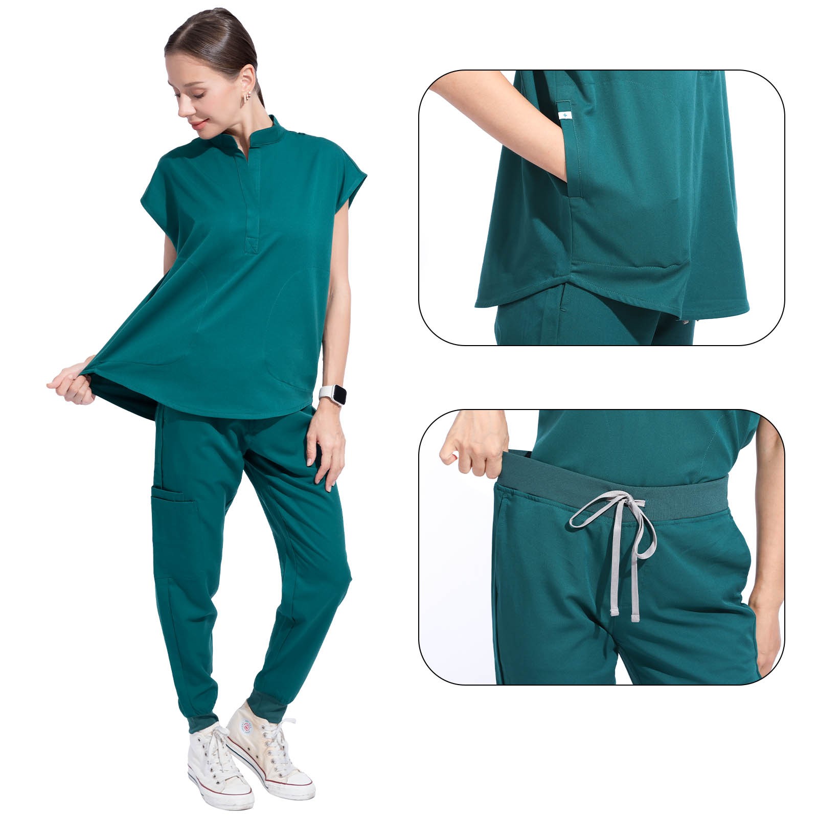 Stand Collar Women Nurse Uniform Suit Women Medical Scrubs Top and Pants 8Pocket