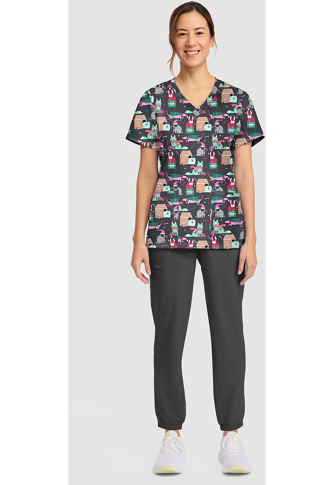 Feliz Naughty Dogs Cherokee Print Christmas Scrubs V Neck Top CK856 FZND