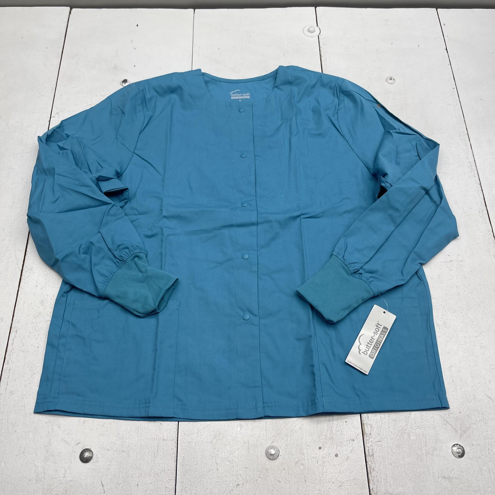 Butter-Soft Originals Medical Scrub Warm Up Jacket Womens XL Teal Snap Front