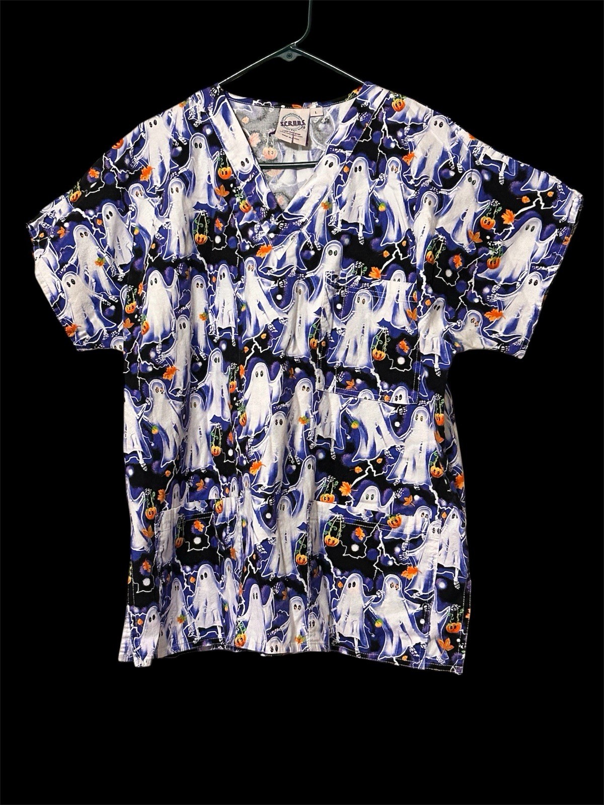 S.C.R.U.B.S. AOP Ghost Halloween Scrub Top RN Medical Pro Large Vintage Size L