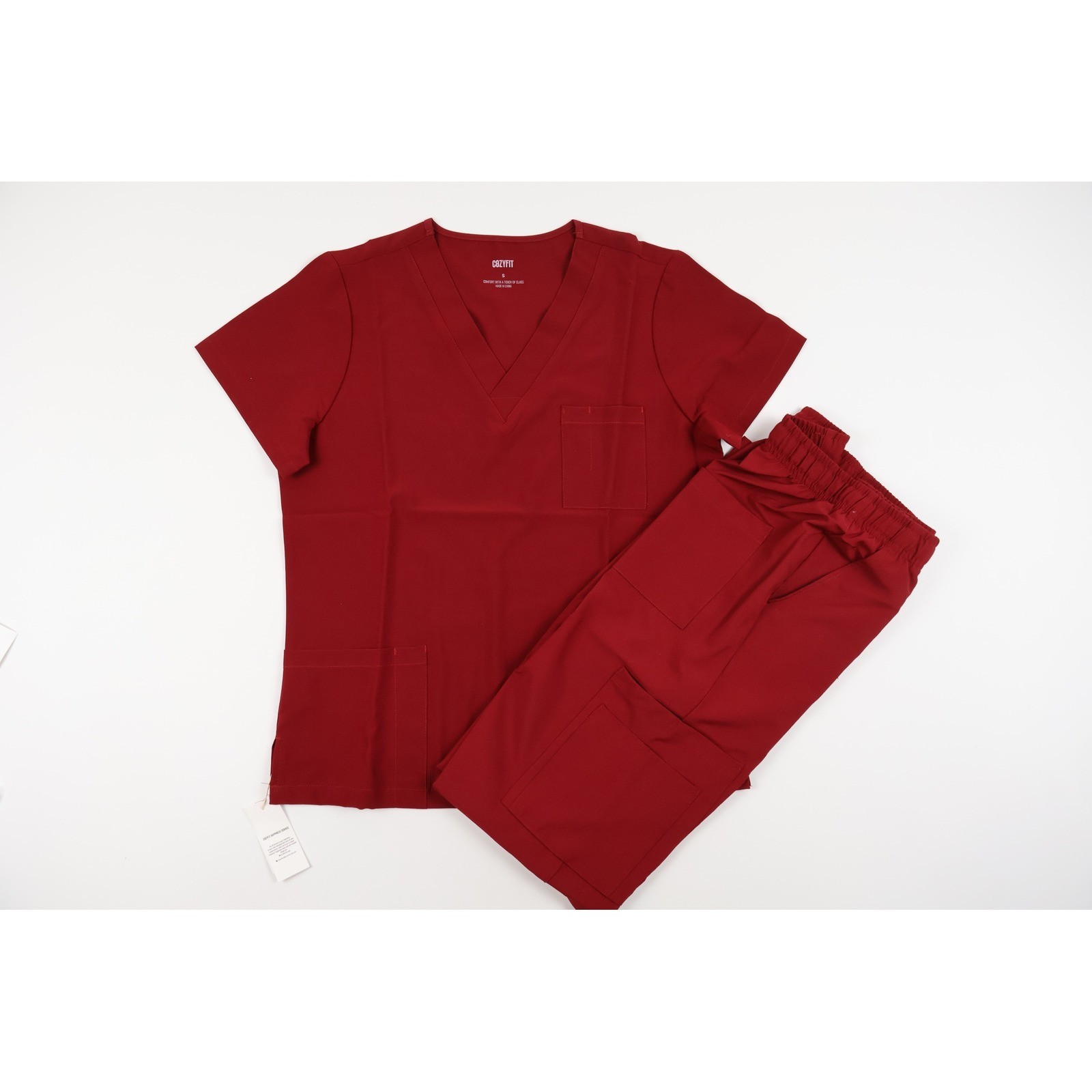 CozyFit Scrub Set V-Neck Top Cargo Pants Burgundy Red Small NWT