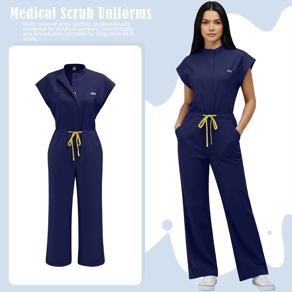 Women’s Wide-Leg Scrub Jumpsuit with Zipper & Comfortable Fit – Medical Style
