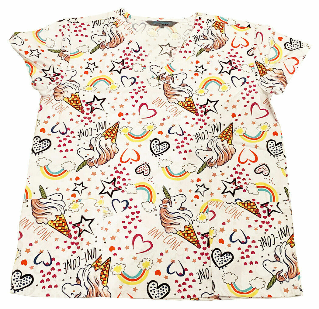 Womens Microfiber Medical Scrub Top White Base Unicorn Rainbow 2X