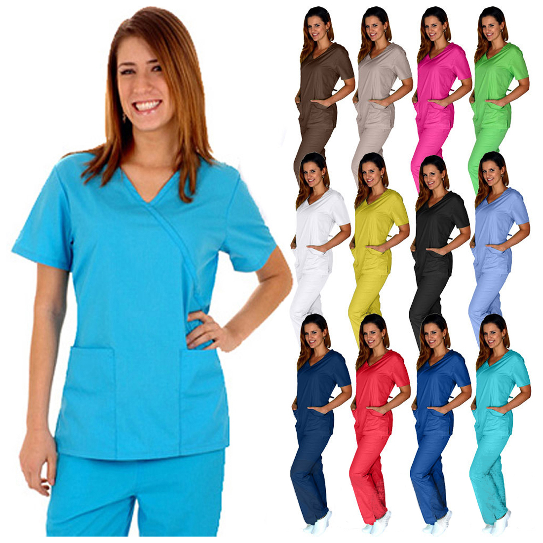 Medical Nursing Women Scrubs Sets UNIFORMS Size XS S M L XL 2XL 3XL Mock Wrap