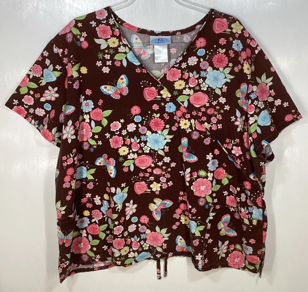 Scrub Top womens plus size 3X Sketch Flowers Butterflies brown coral pink green