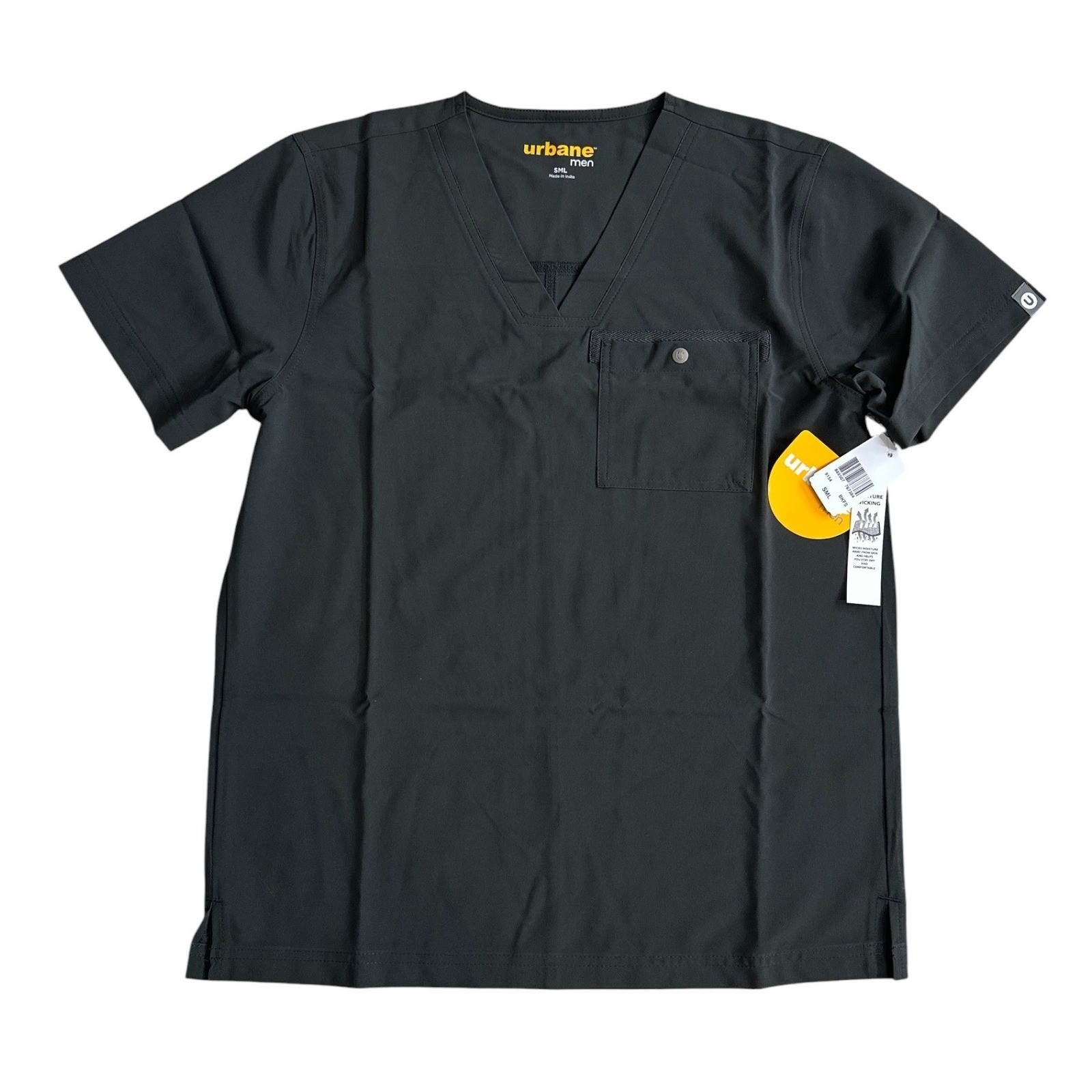 Urbane Men Performance Scrub Top Black V-Neck Chest Pocket Moisture Wicking SML