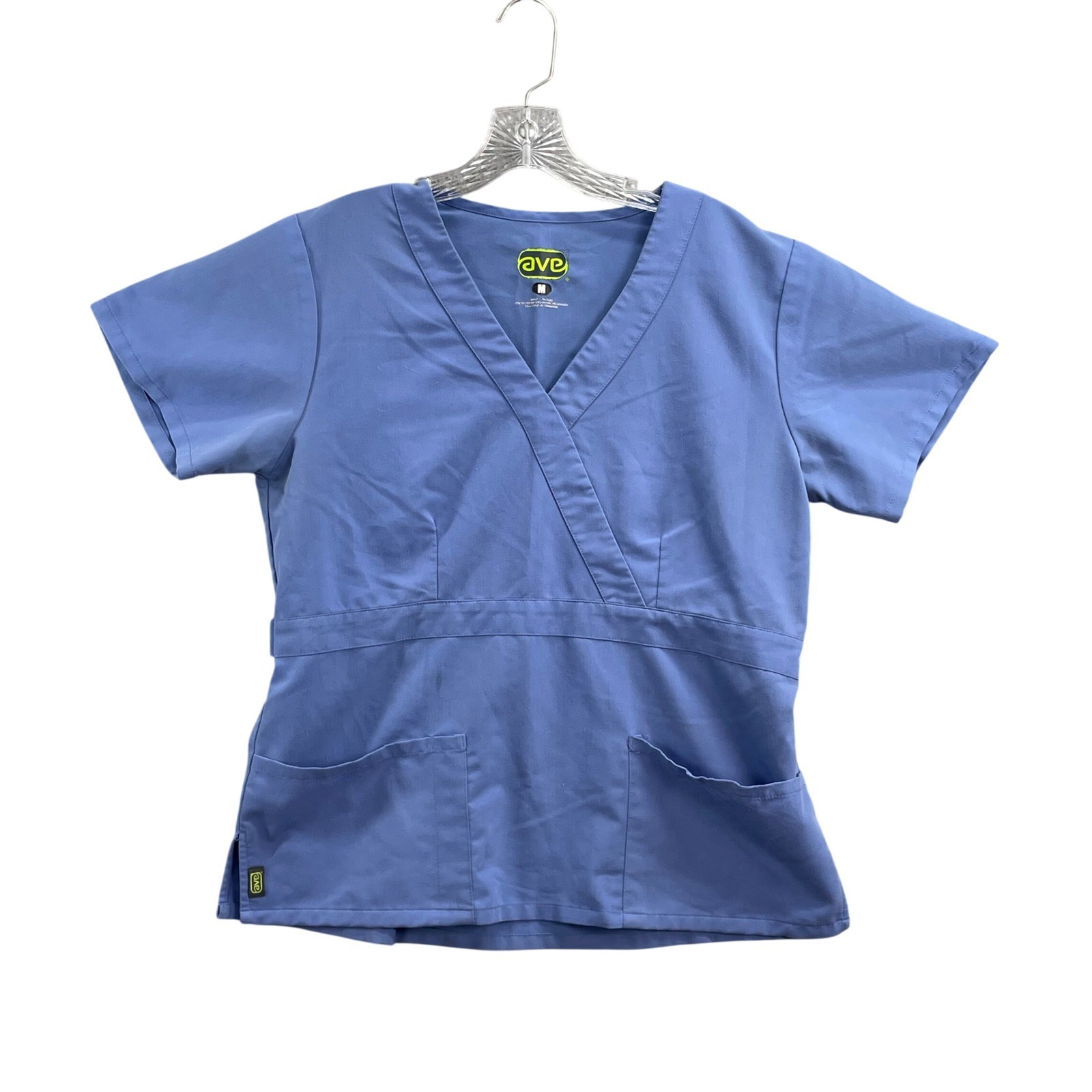 Ave Scrub Top Womens Medium Blue Mock Wrap V-Neck Utility Pocket Medical Uniform