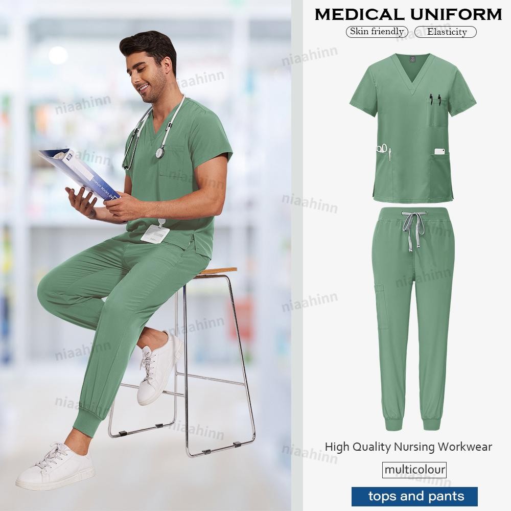 Unisex Medical Scrubs Set Jogger Top Pants Nurse Dental Clinic Uniform Suit