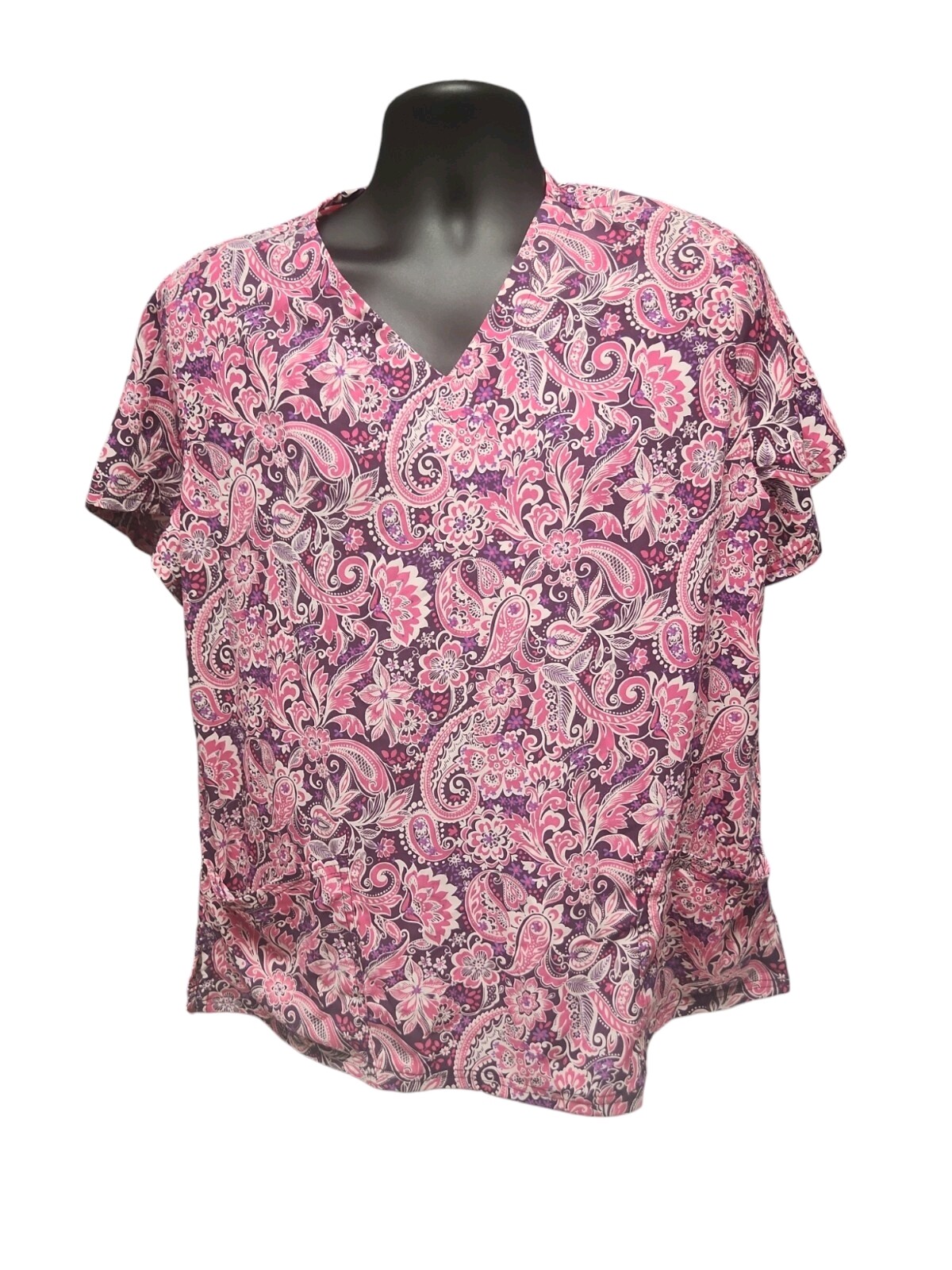 Butter Soft Womens Scrub Pink Short Sleeve Size L Floral Print Pockets