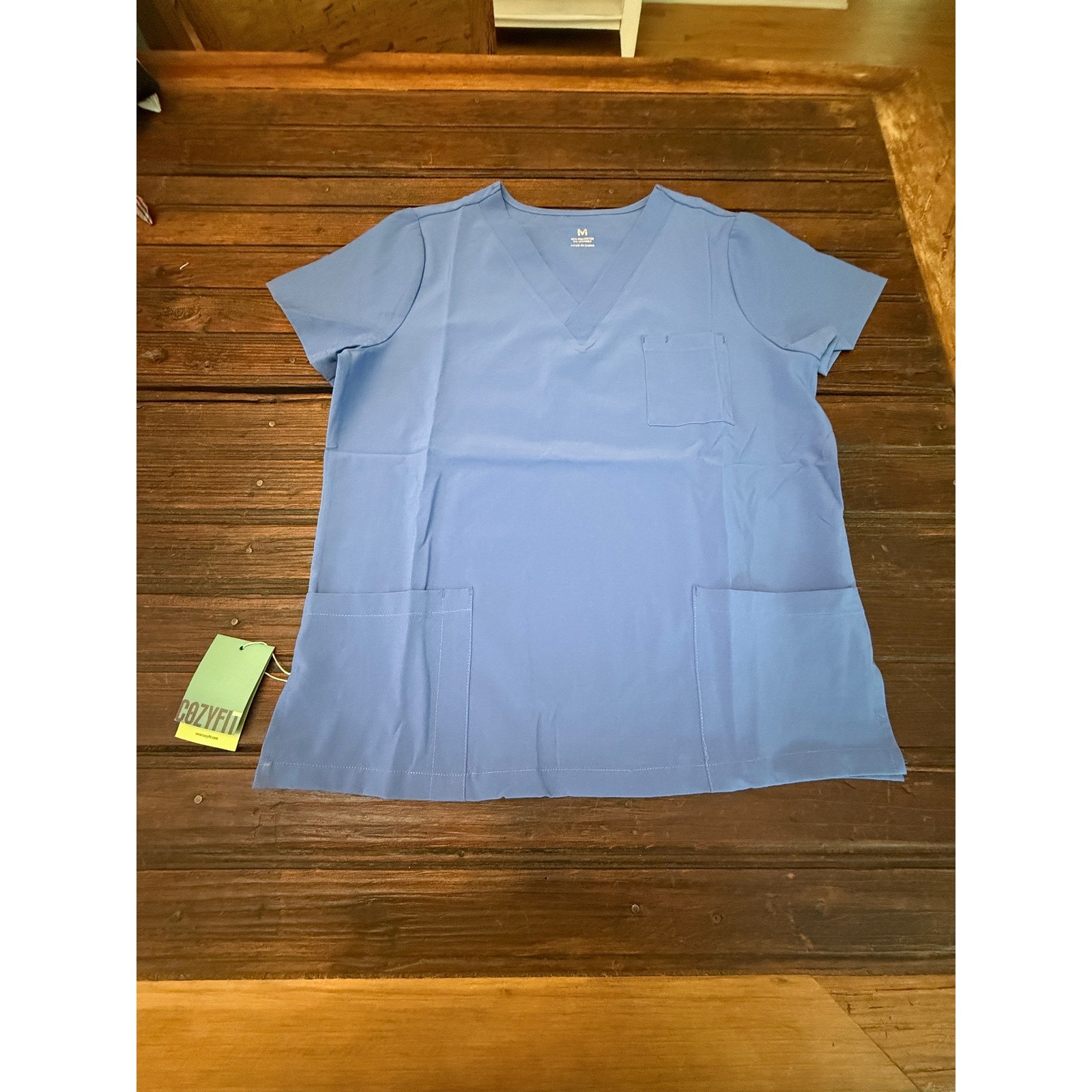 Cozyfit Womens V-Neck Scrub Top Light Blue Short Sleeve 3-Pocket Medical Size M