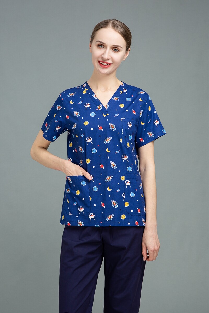 100% Cotton Unisex Cartoon Print Scrub Tops – Breathable V-Neck Short Sleeve