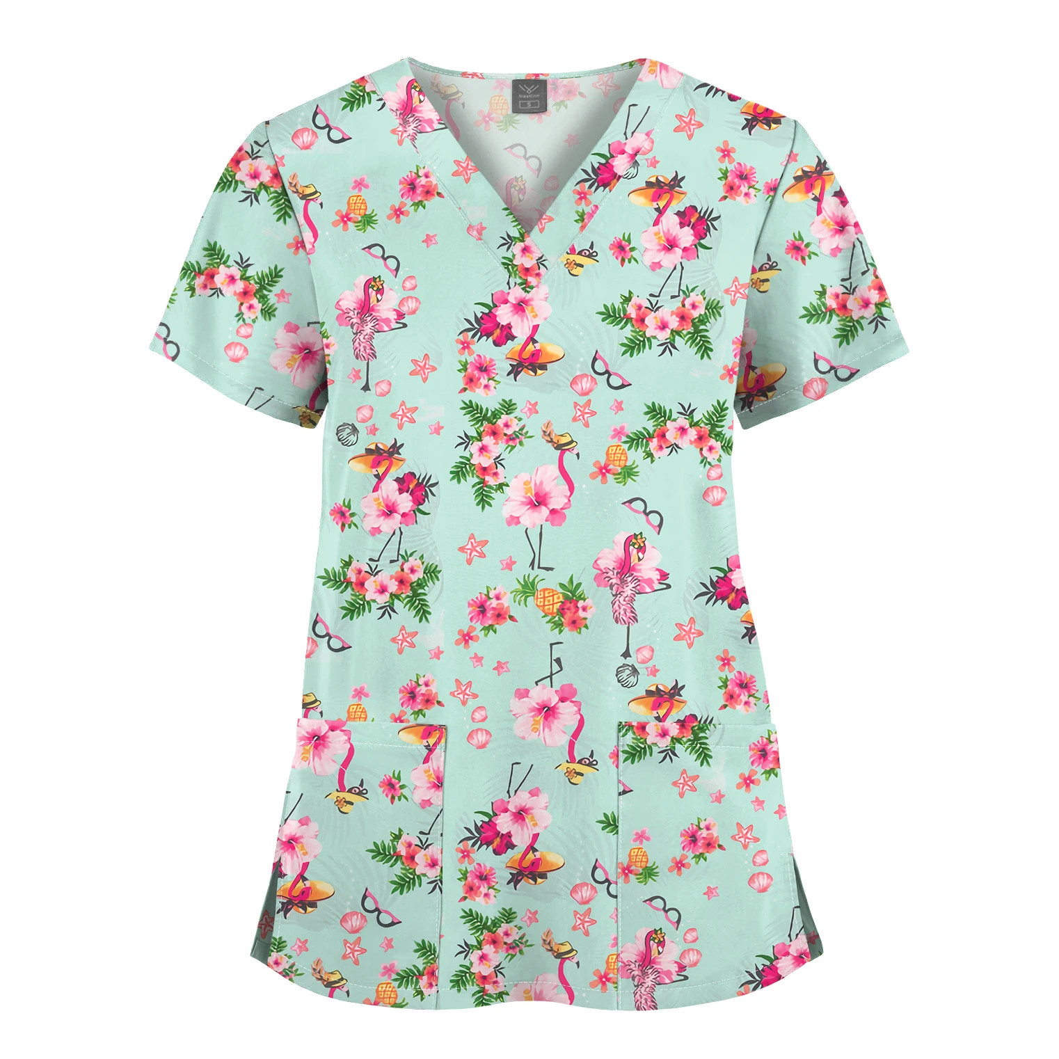 New Unisex Printed Scrub Tops Women Men Medical Nursing V-Neck Short Sleeve Girl