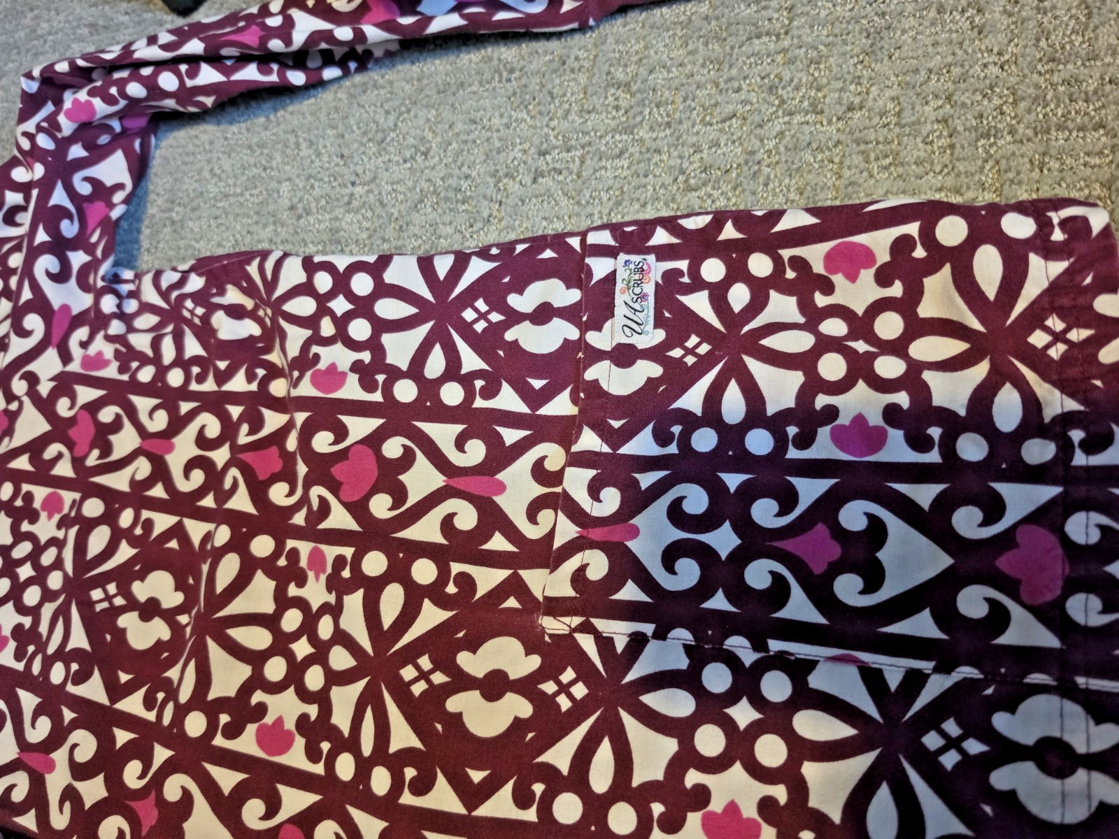 Maroon & Pink Damask Snap-Front Warm-Up Scrub Jacket: NURSING/ VET/ HEALTHCARE