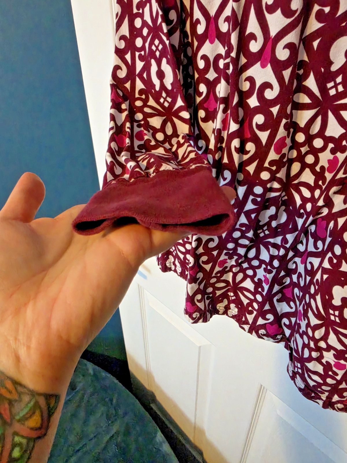 Maroon & Pink Damask Snap-Front Warm-Up Scrub Jacket: NURSING/ VET/ HEALTHCARE