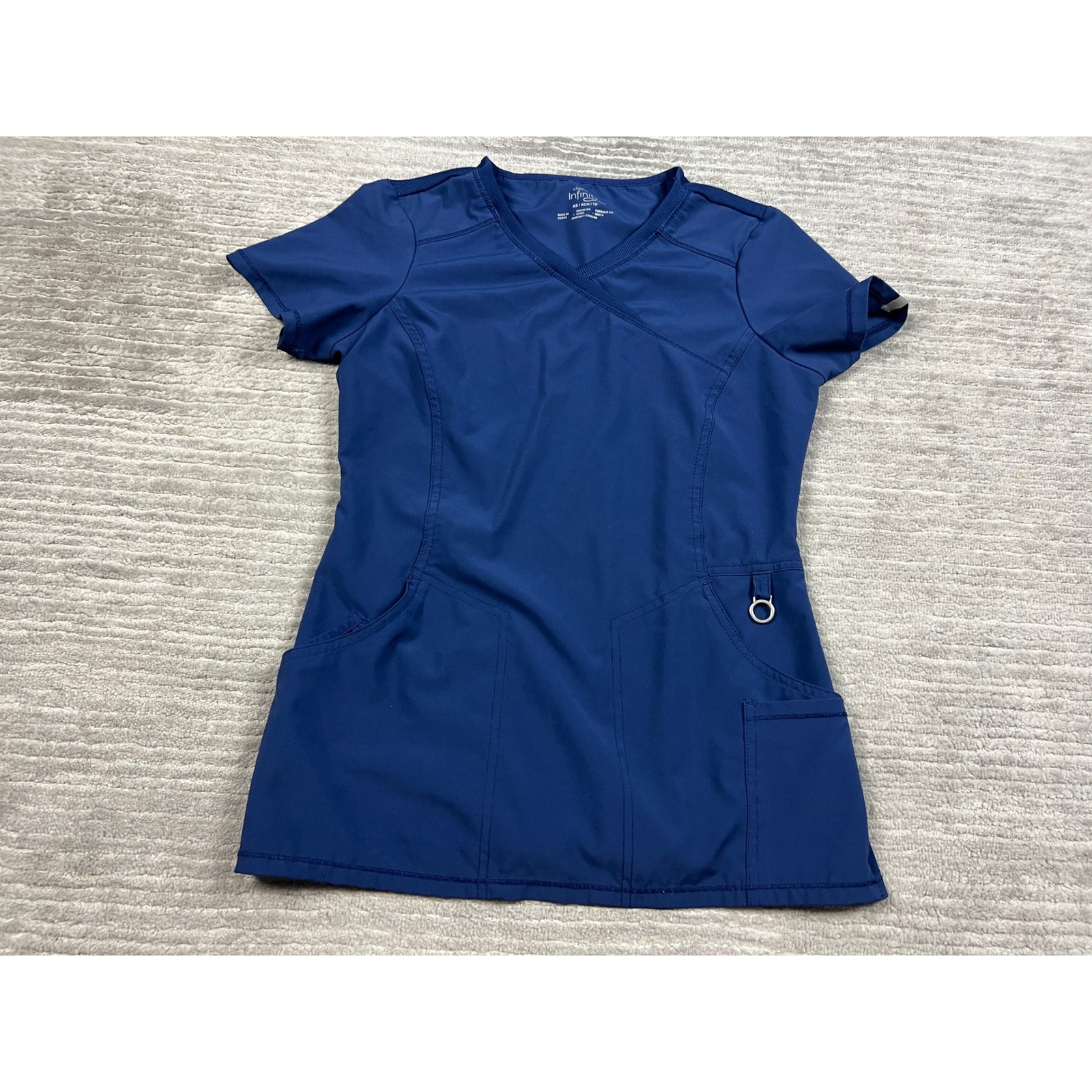 Cherokee Scrub Top Women XS Navy Blue Infinity 2625A Mock Wrap V-Neck Stretch